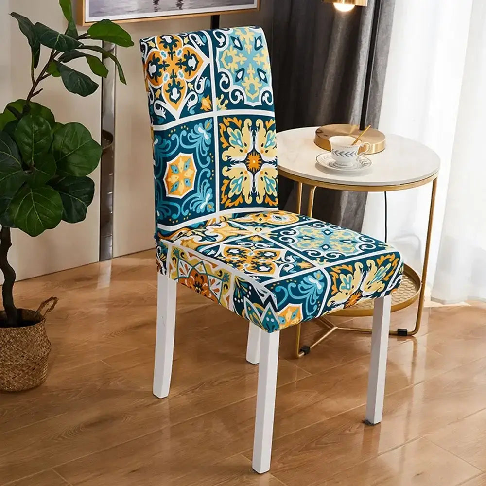 Bohemian mandala stretch chair cover navy & gold dining room slipcover