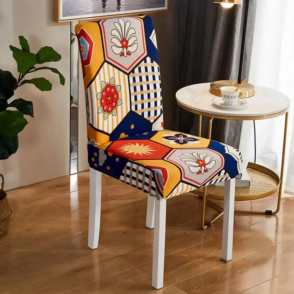 Bohemian mandala stretch chair cover navy & gold dining room slipcover