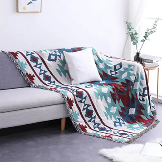 Bohemian multicolored geometric tassel sofa cover living room blanket
