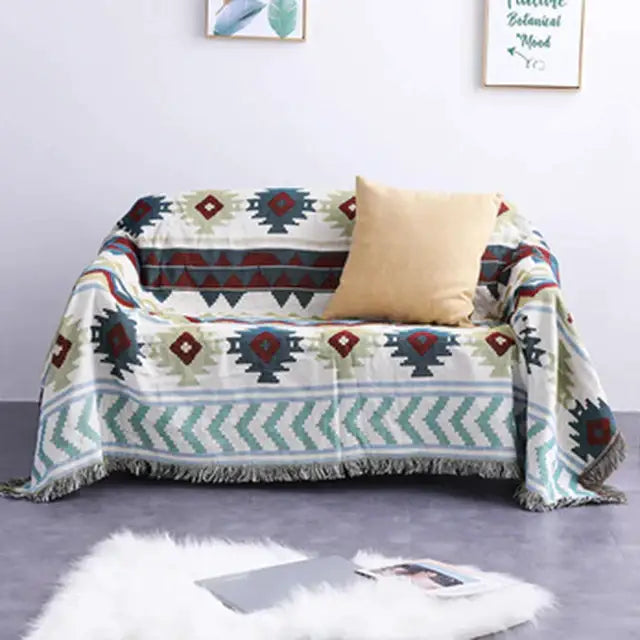 Bohemian multicolored geometric tassel sofa cover living room blanket