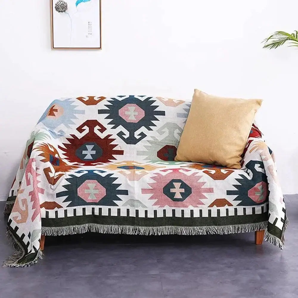 Bohemian multicolored geometric tassel sofa cover living room blanket