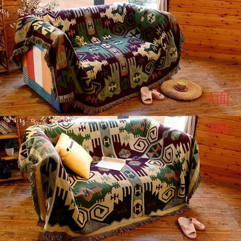 Bohemian pink & red knitted cotton throw blanket bedroom decor
