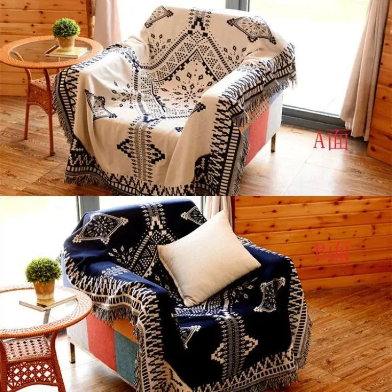 Bohemian pink & red knitted cotton throw blanket bedroom decor
