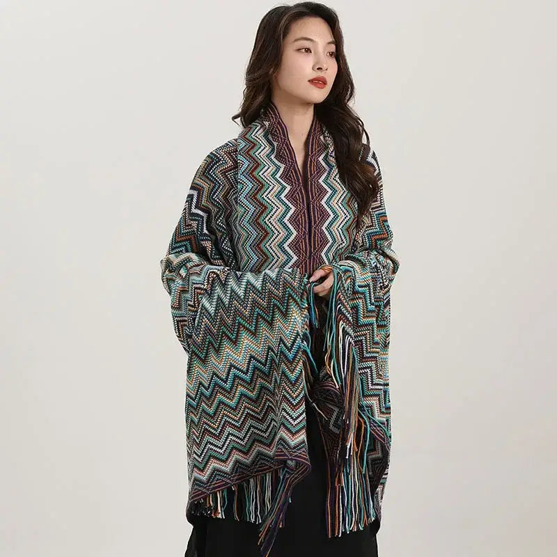 Bohemian red & teal zigzag wavy fringe shawl living room blanket