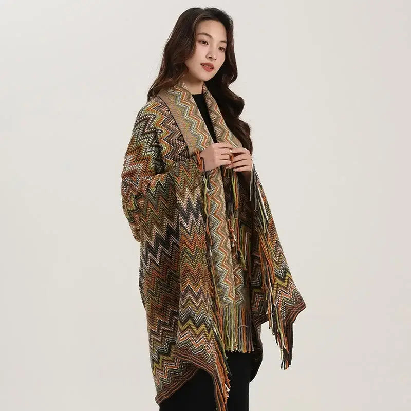 Bohemian red & teal zigzag wavy fringe shawl living room blanket