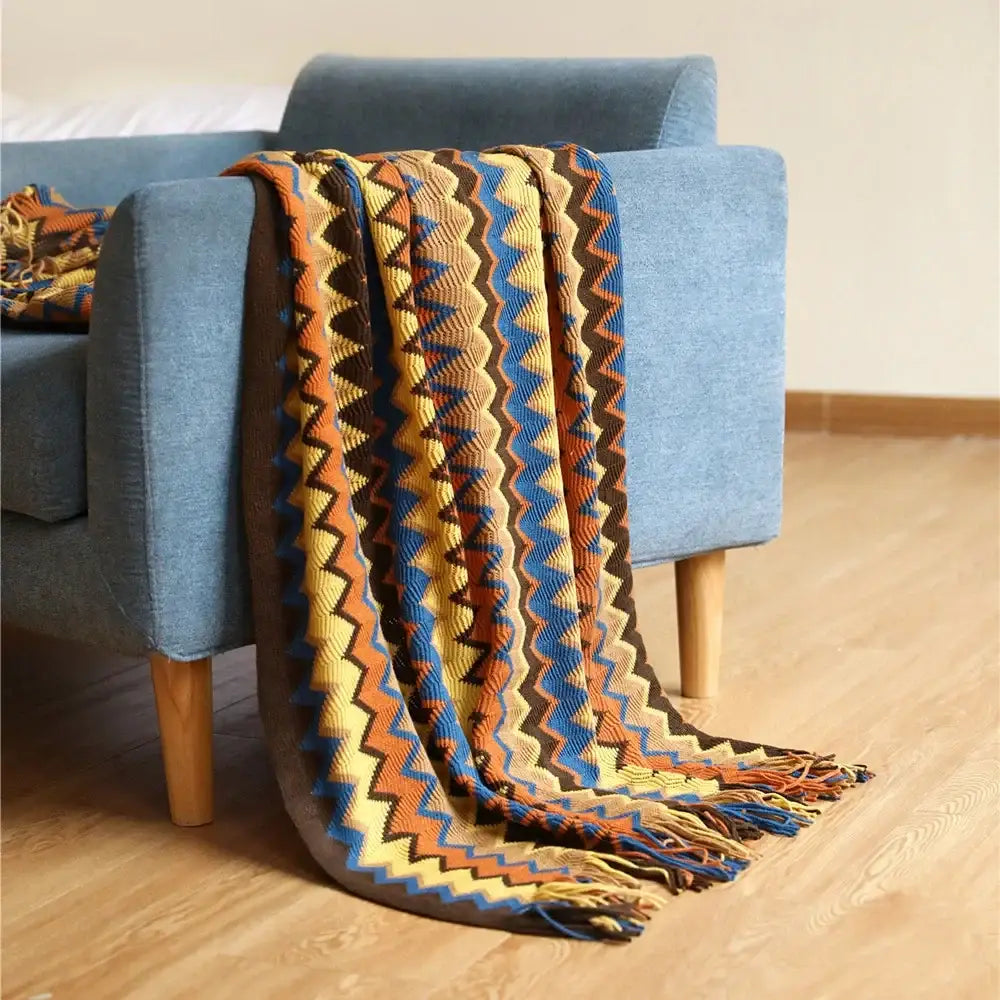 Bohemian stripe throw blanket – living room multicolored knit fringed