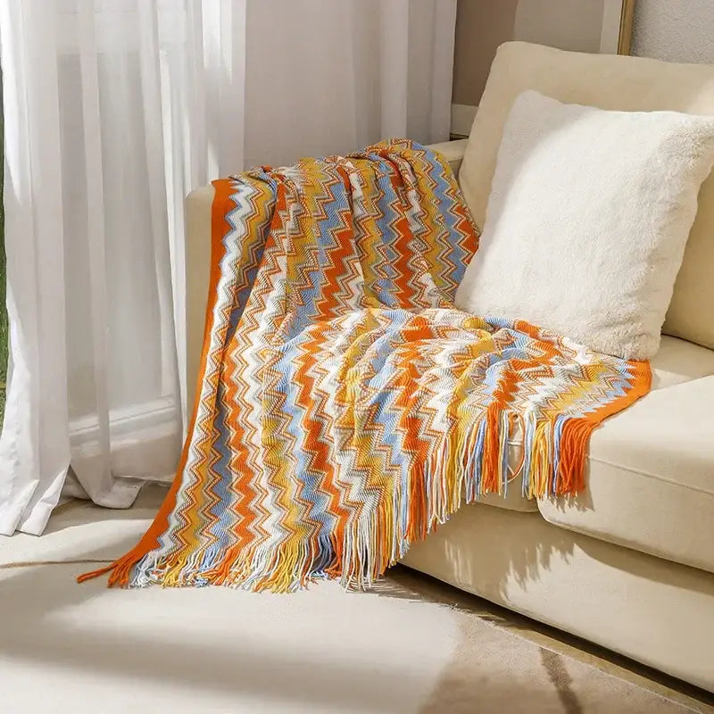 Bohemian stripe throw blanket – living room multicolored knit fringed