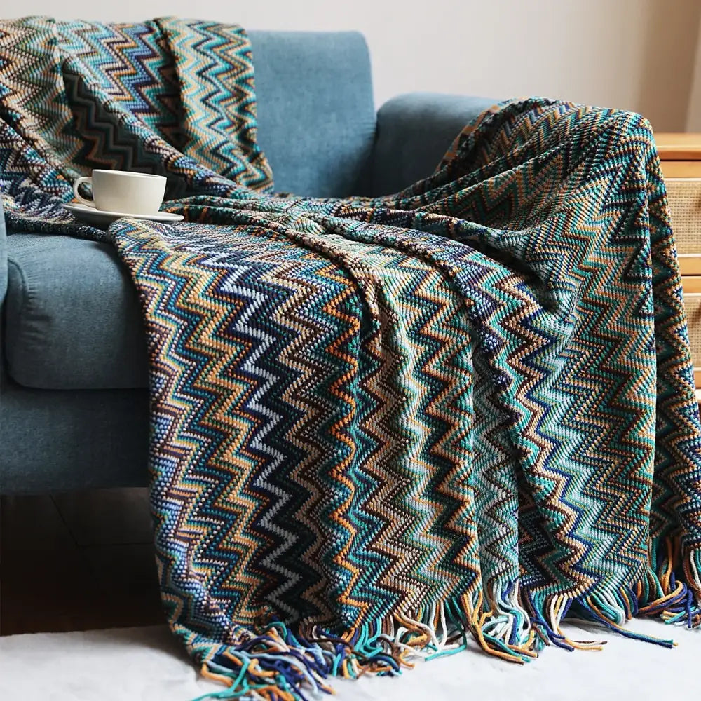 Bohemian stripe throw blanket – living room multicolored knit fringed