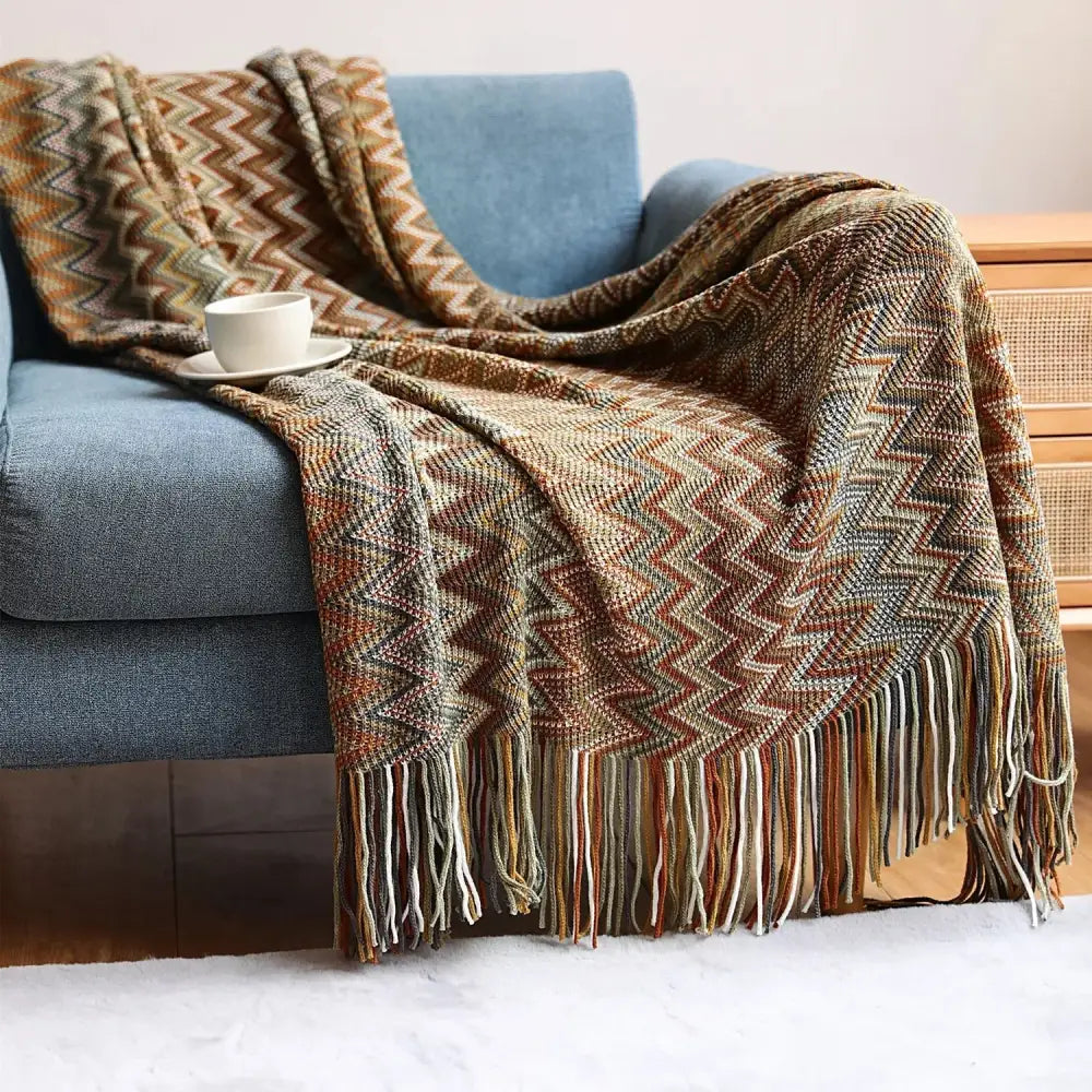Bohemian stripe throw blanket – living room multicolored knit fringed