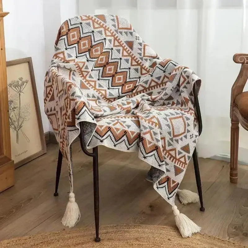 Bohemian striped knit throw blanket beige & brown living room decor