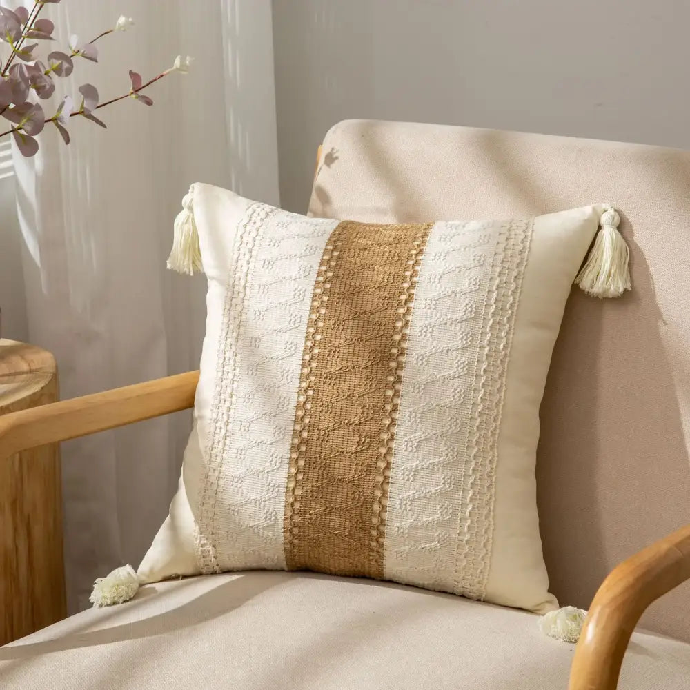 Bohemian style fringed cream & black pillow cover living room tassels