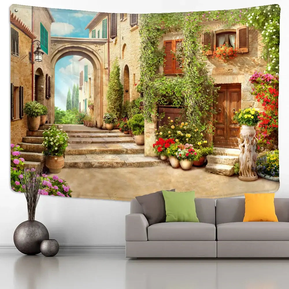 Bohemian sunlit village garden tapestry living room wall mural