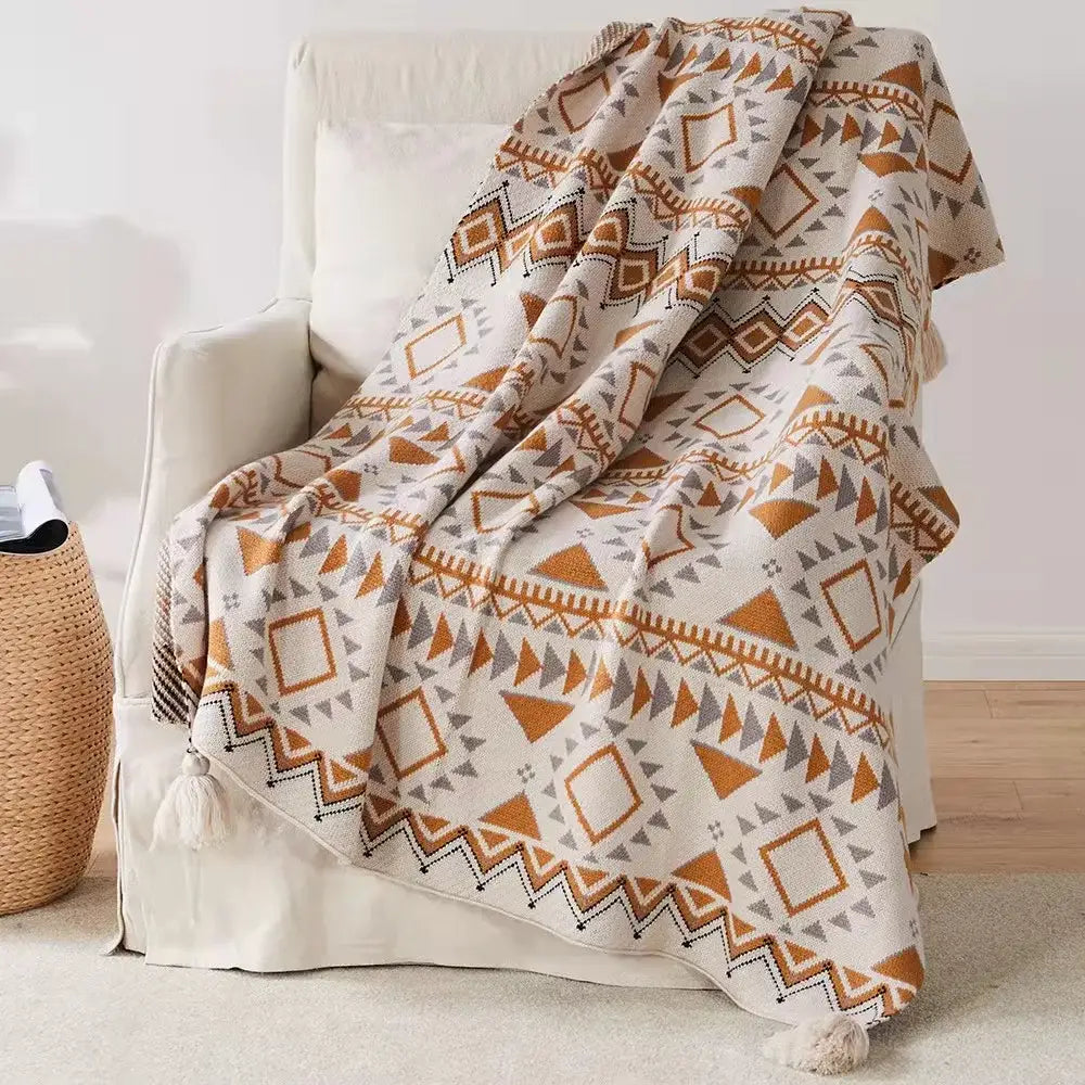 Bohemian tassel knit blanket living room geometric tapestry throw