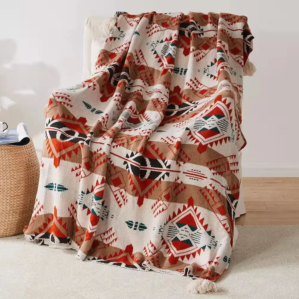 Bohemian tassel knit blanket living room geometric tapestry throw