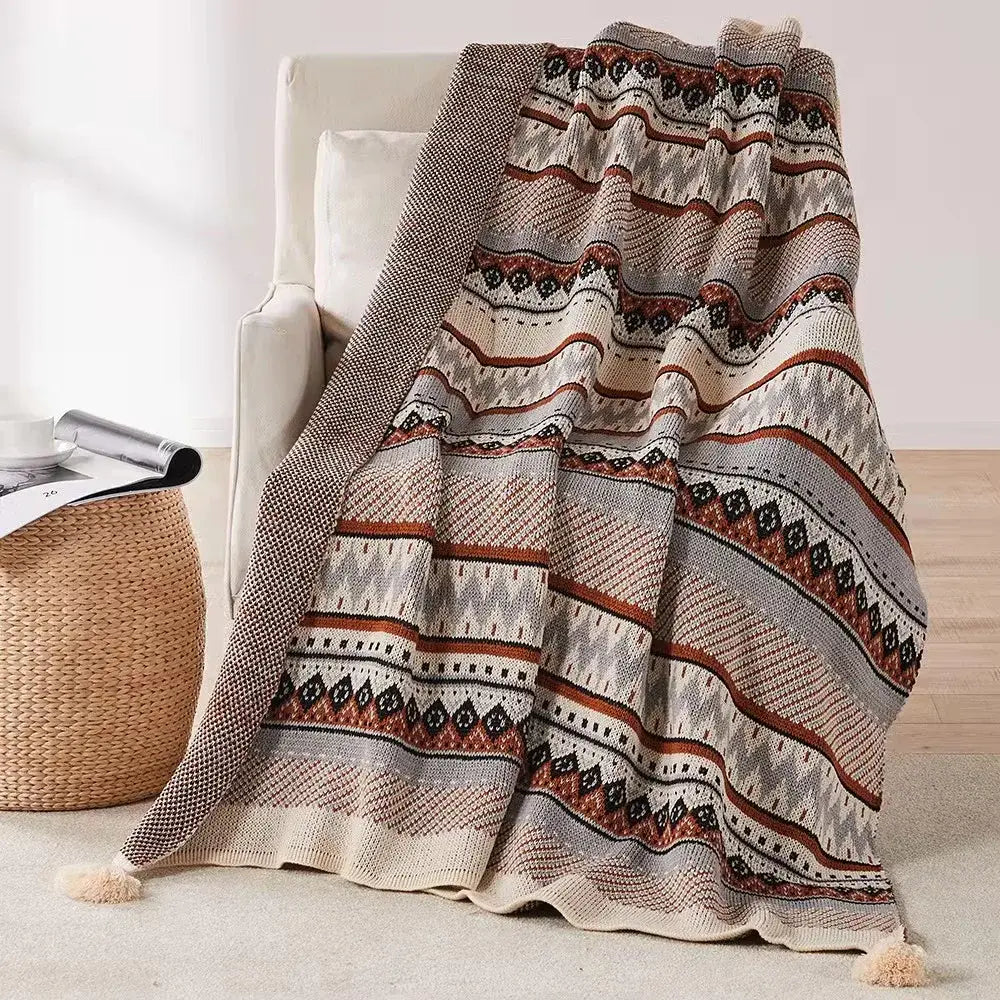 Bohemian tassel knit blanket living room geometric tapestry throw
