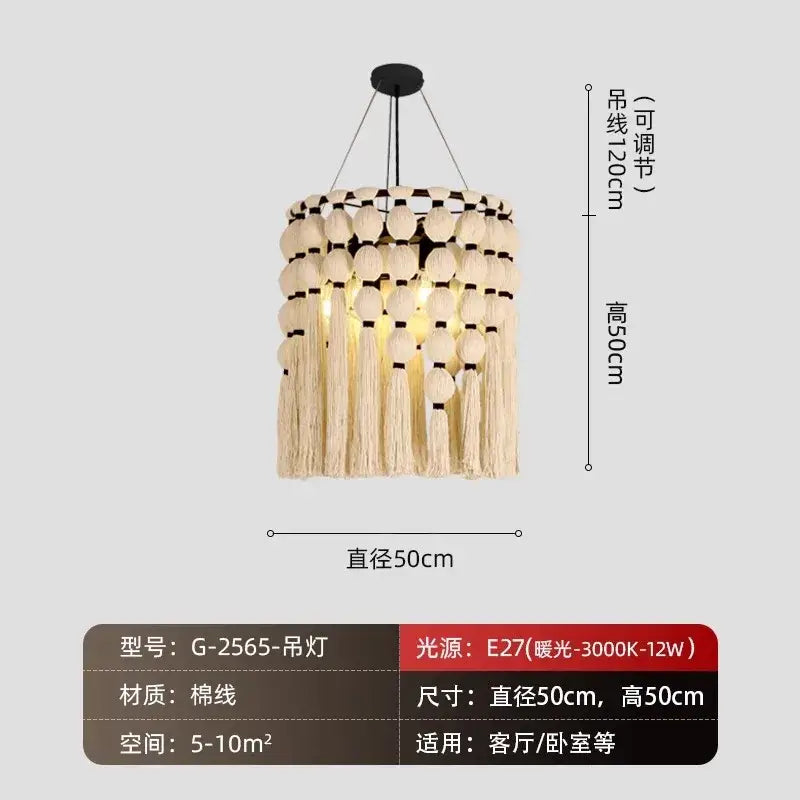 Bohemian tassel pendant led light beige macrame bedroom decor