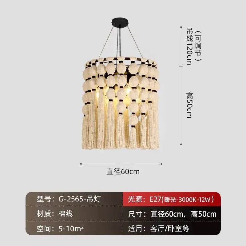 Bohemian tassel pendant led light beige macrame bedroom decor
