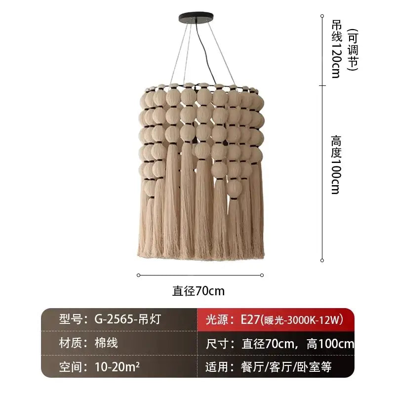 Bohemian tassel pendant led light beige macrame bedroom decor