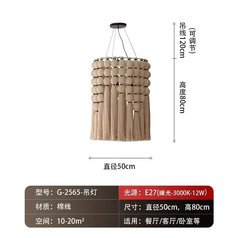 Bohemian tassel pendant led light beige macrame bedroom decor