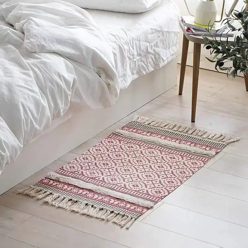 Bohemian tassel rug beige & rust geometric living room carpet