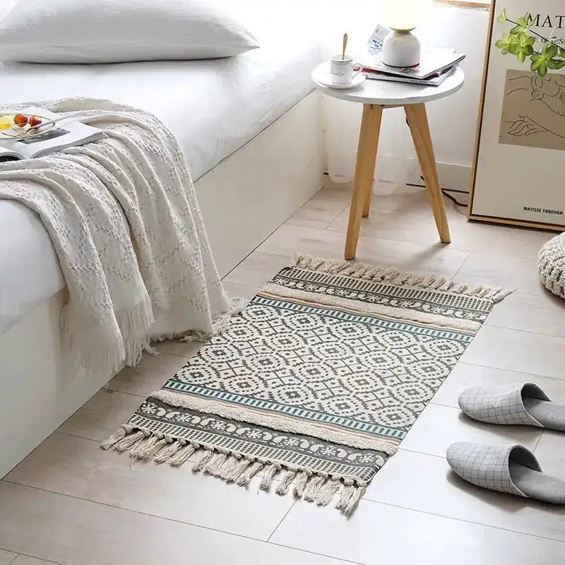 Bohemian tassel rug beige & rust geometric living room carpet
