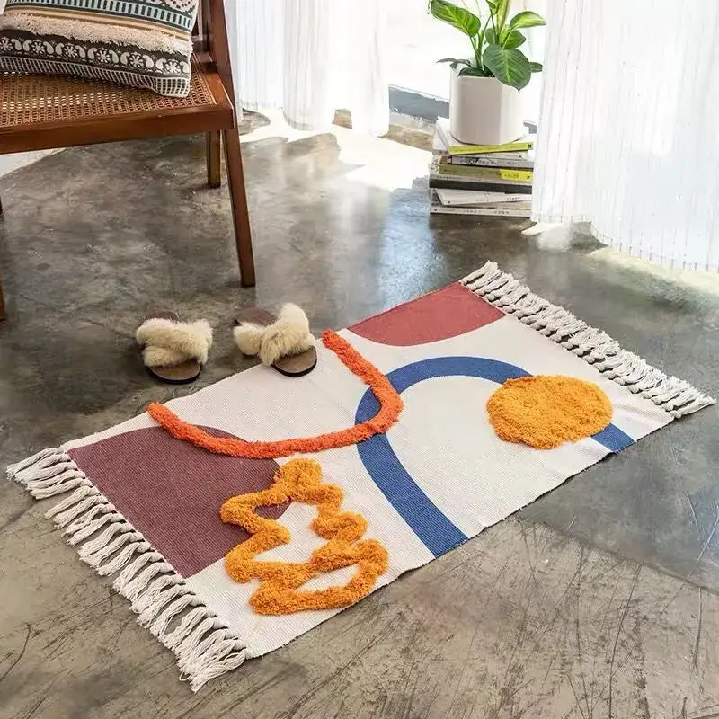 Bohemian tassel rug beige & rust geometric living room carpet
