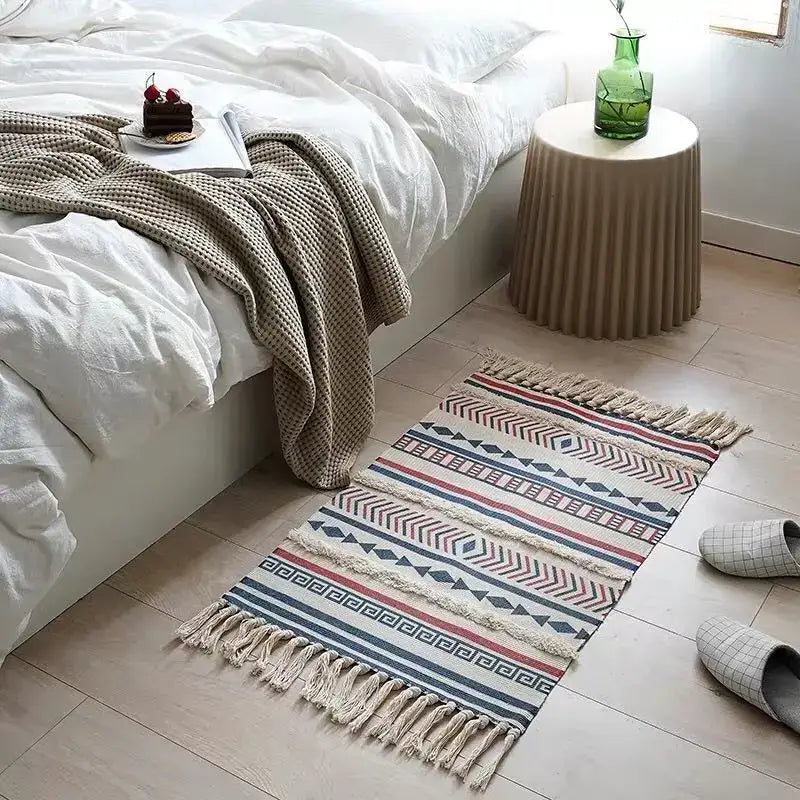 Bohemian tassel rug beige & rust geometric living room carpet