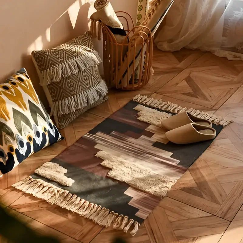 Bohemian tassel rug beige & rust geometric living room carpet
