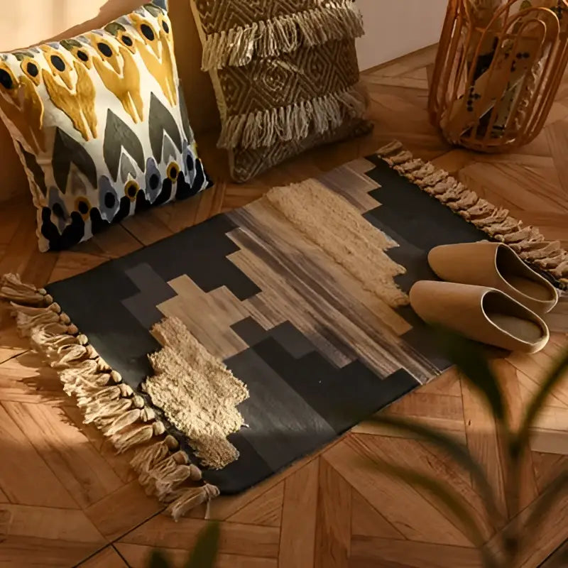 Bohemian tassel rug beige & rust geometric living room carpet