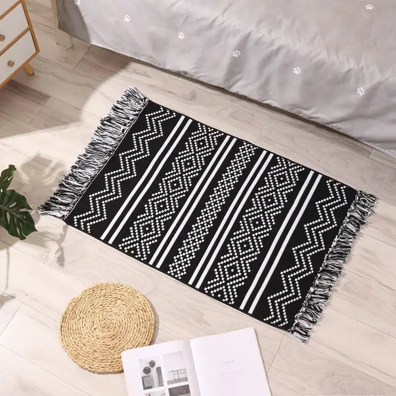 Bohemian tassel rug beige & rust geometric living room carpet