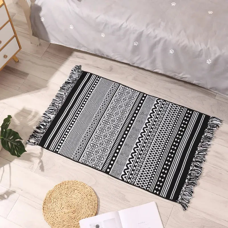 Bohemian tassel rug beige & rust geometric living room carpet