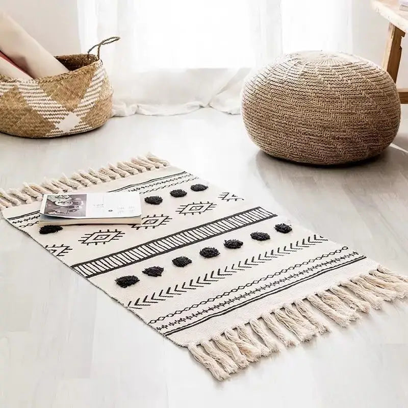 Bohemian tassel rug beige & rust geometric living room carpet