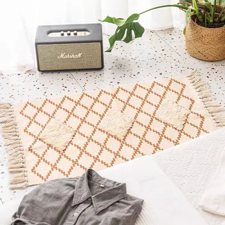 Bohemian tassel rug beige & rust geometric living room carpet