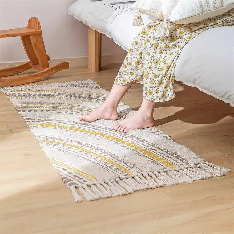 Bohemian tassel rug beige & rust geometric living room carpet