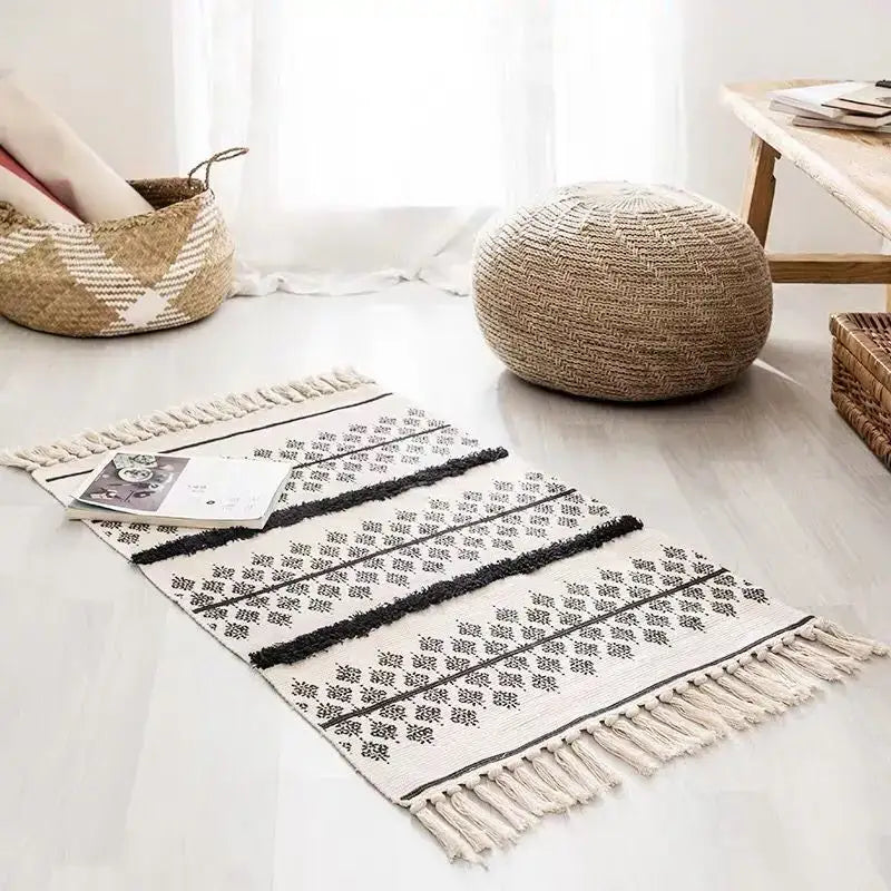 Bohemian tassel rug beige & rust geometric living room carpet