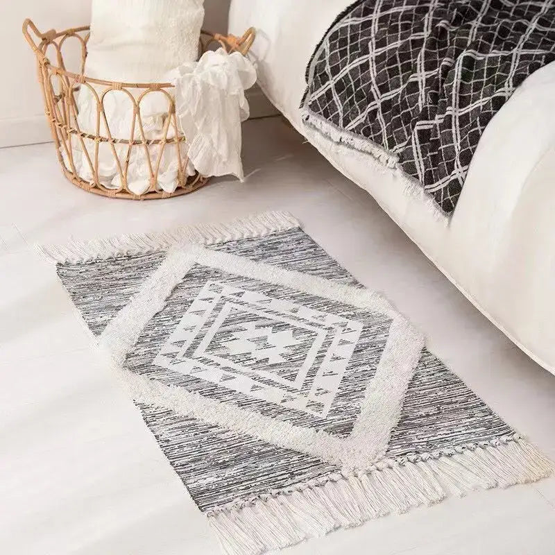 Bohemian tassel rug beige & rust geometric living room carpet