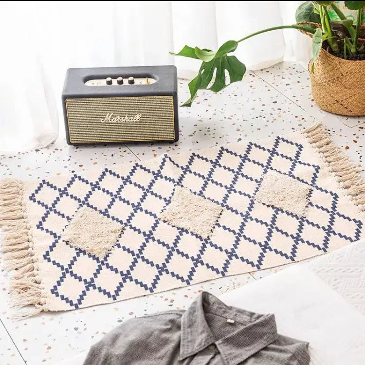 Bohemian tassel rug beige & rust geometric living room carpet
