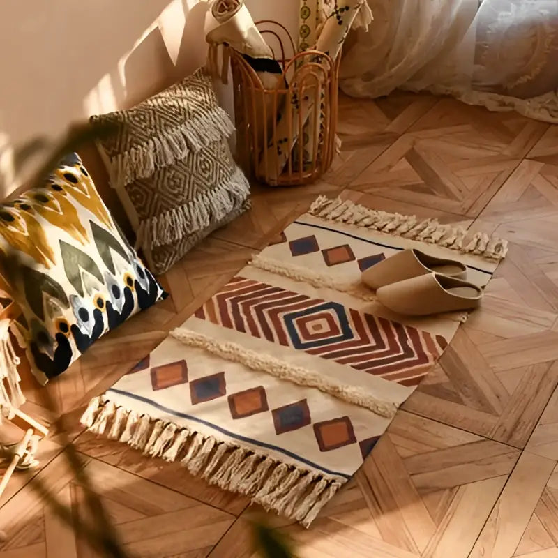 Bohemian tassel rug beige & rust geometric living room carpet