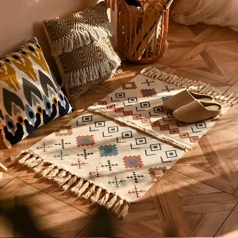 Bohemian tassel rug beige & rust geometric living room carpet