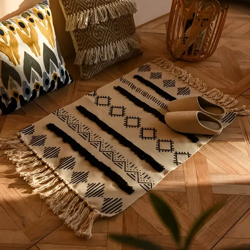 Bohemian tassel rug beige & rust geometric living room carpet