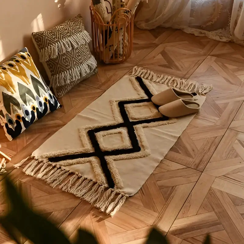 Bohemian tassel rug beige & rust geometric living room carpet
