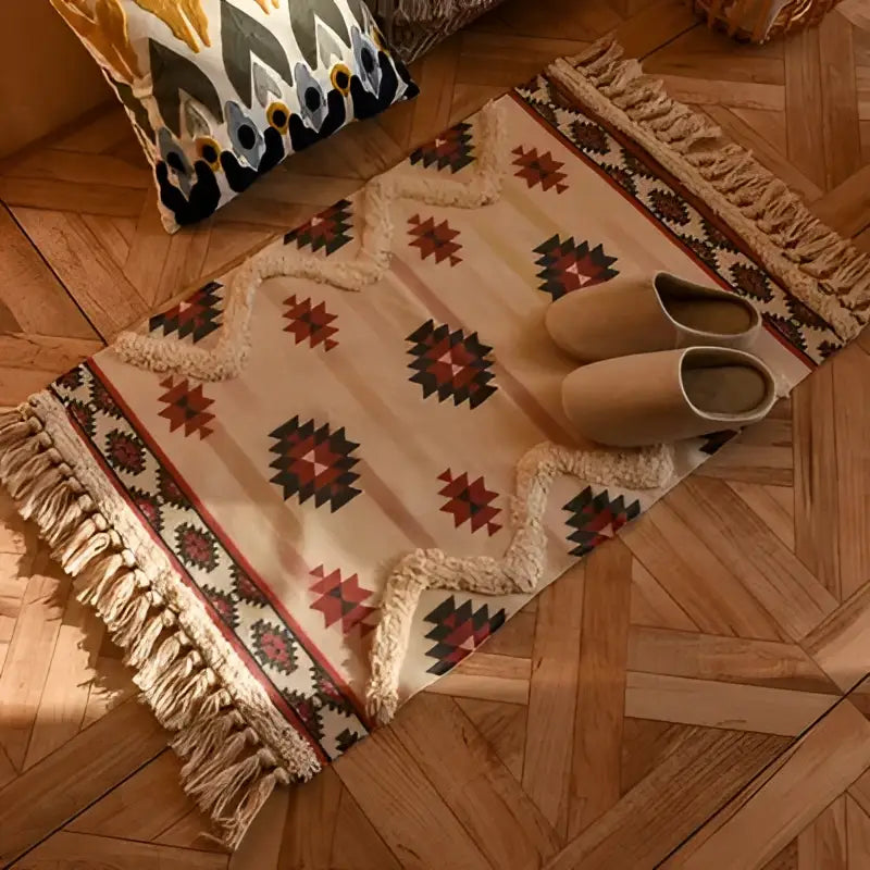 Bohemian tassel rug beige & rust geometric living room carpet