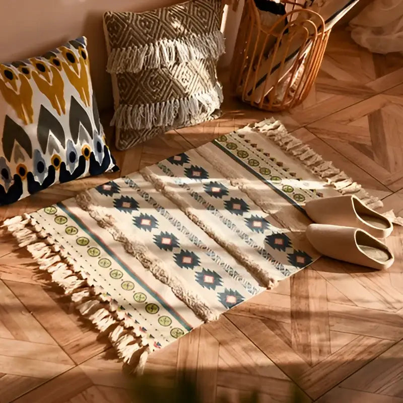 Bohemian tassel rug beige & rust geometric living room carpet