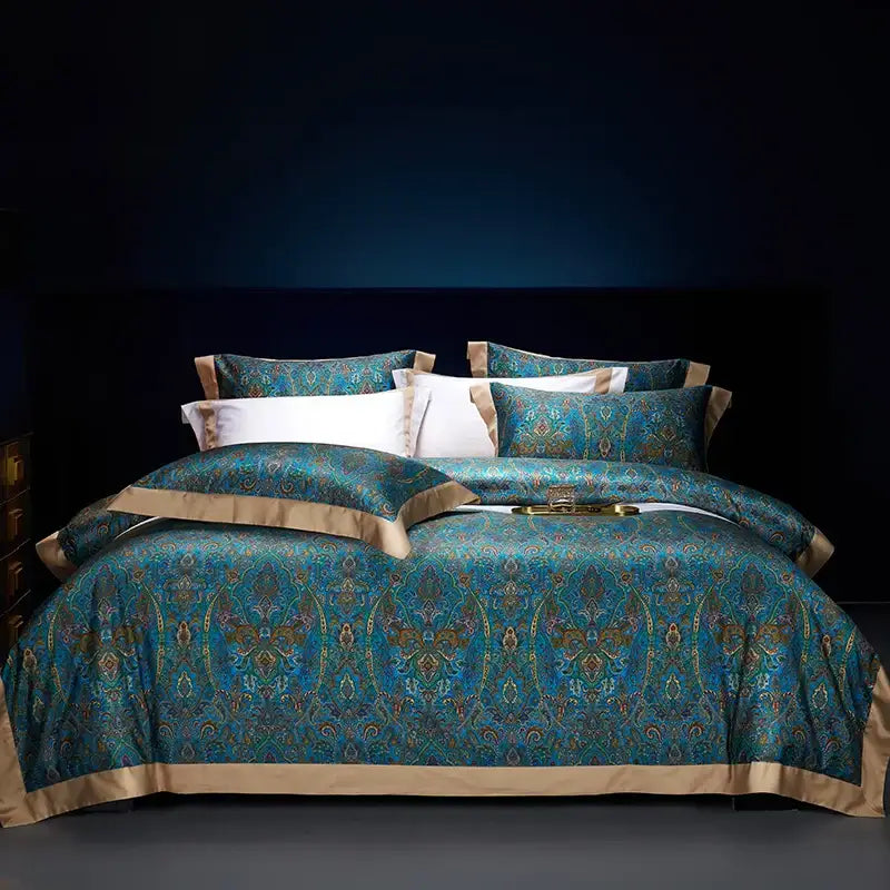 Bohemian teal & gold egyptian cotton bedding set bedroom paisley