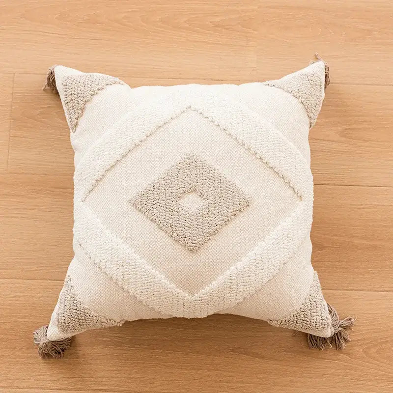 Bohemian tufted tassel pillow case beige geometric living room cushion