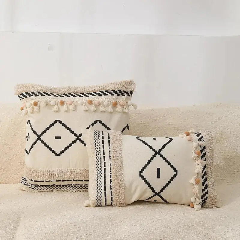 Bohemian tufted tassel pillow case beige geometric living room cushion