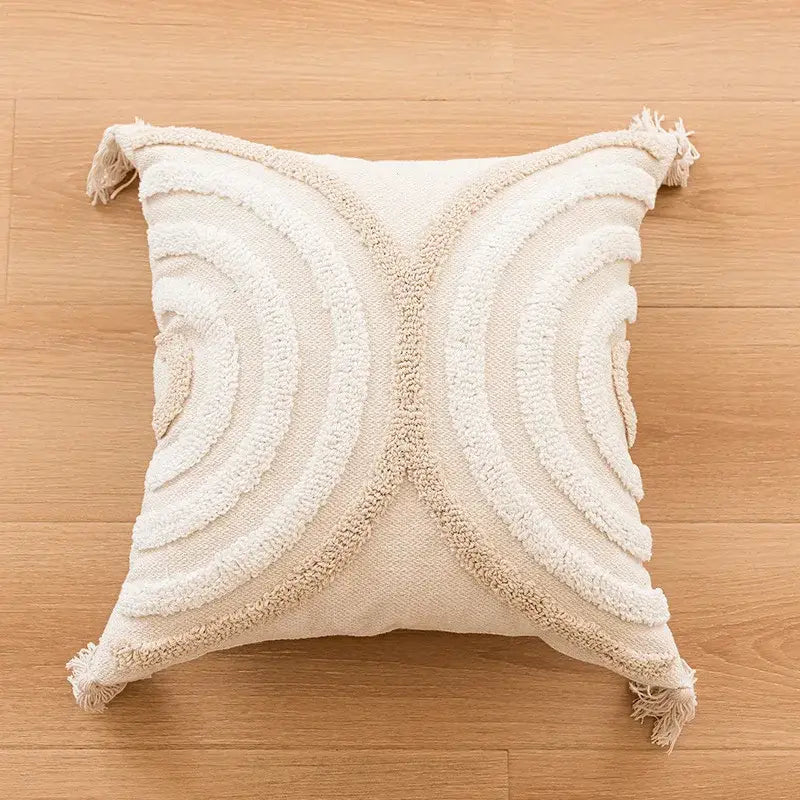 Bohemian tufted tassel pillow case beige geometric living room cushion