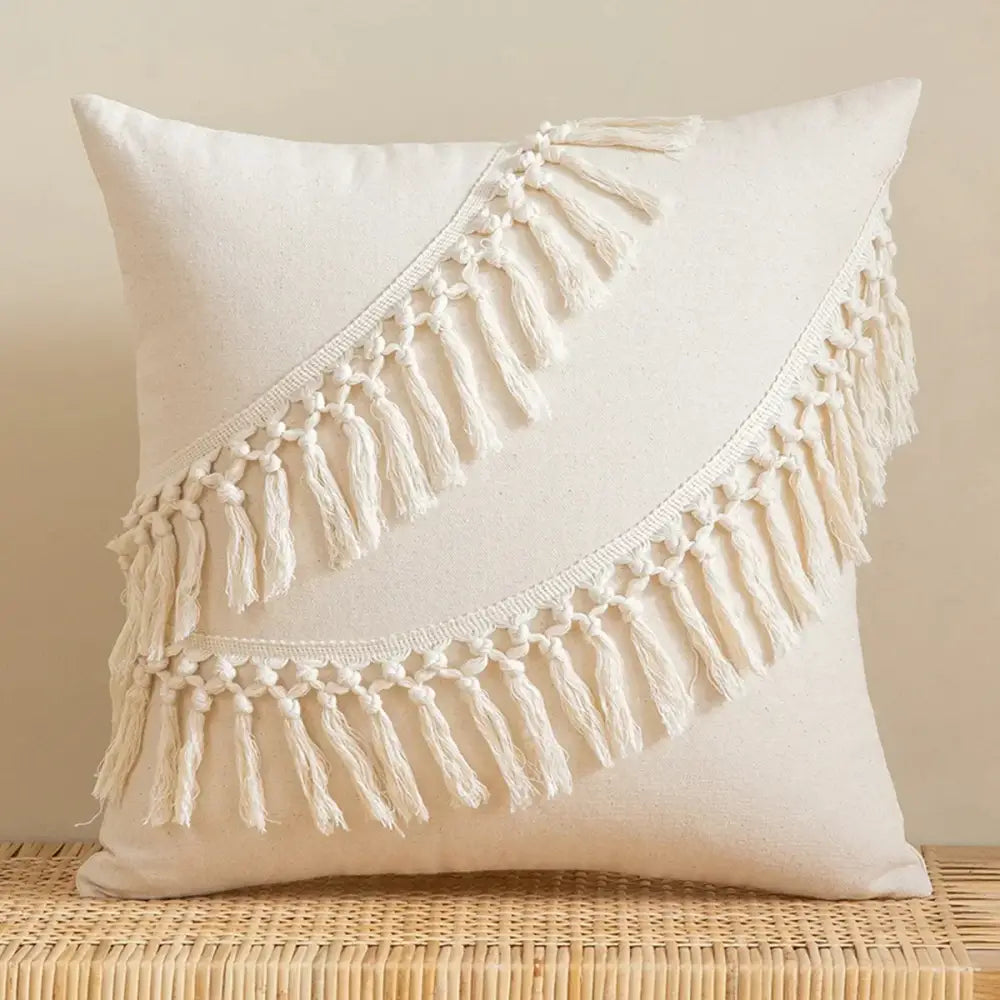 Bohemian tufted tassel pillow case beige geometric living room cushion