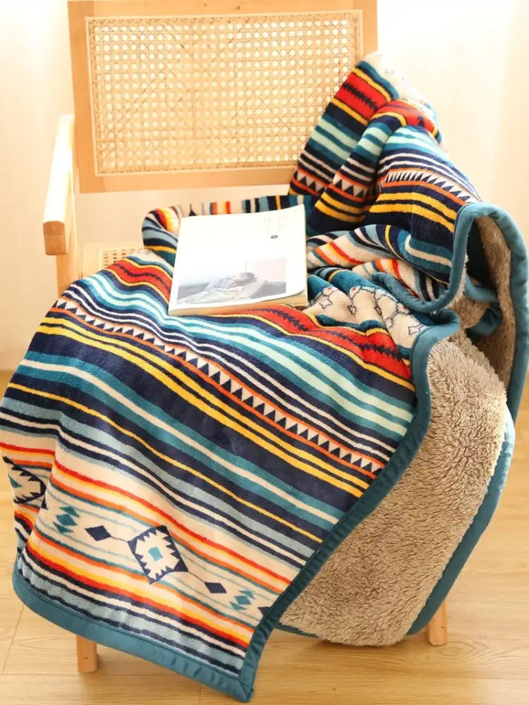 Bohemian winter blanket multicolored striped fleece for living room