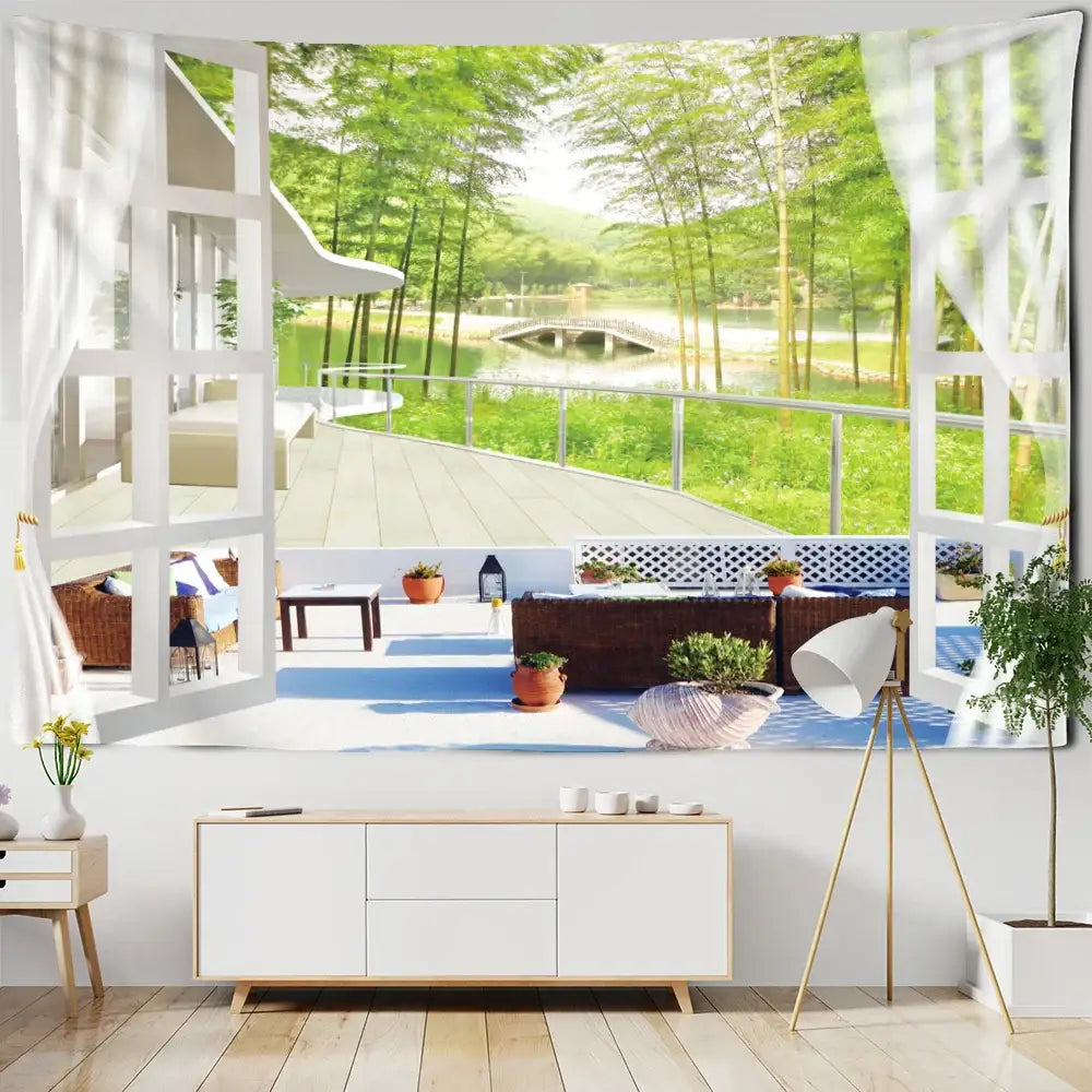 Bohemian wood tapestry wall hanging garden scene bedroom decor
